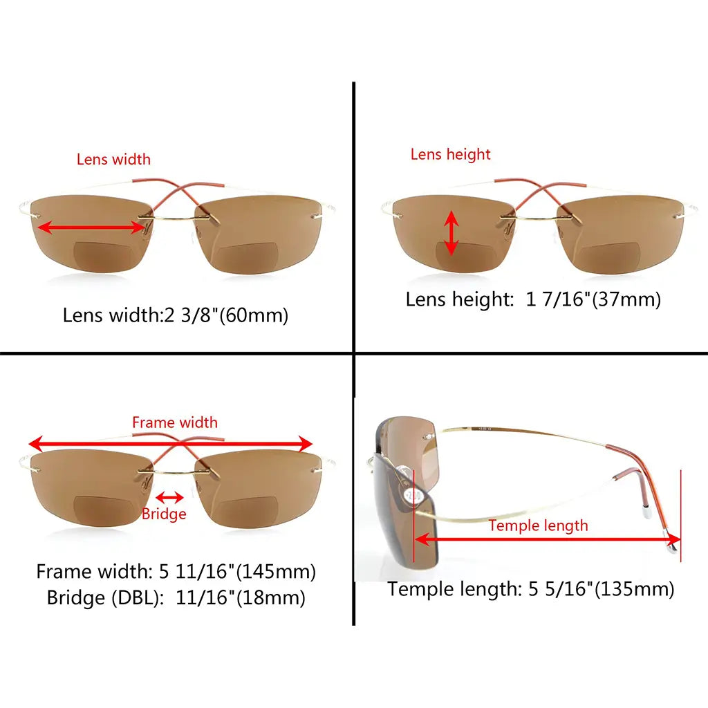 Titanium Rimless Bifocal Sunglasses for Women Men
