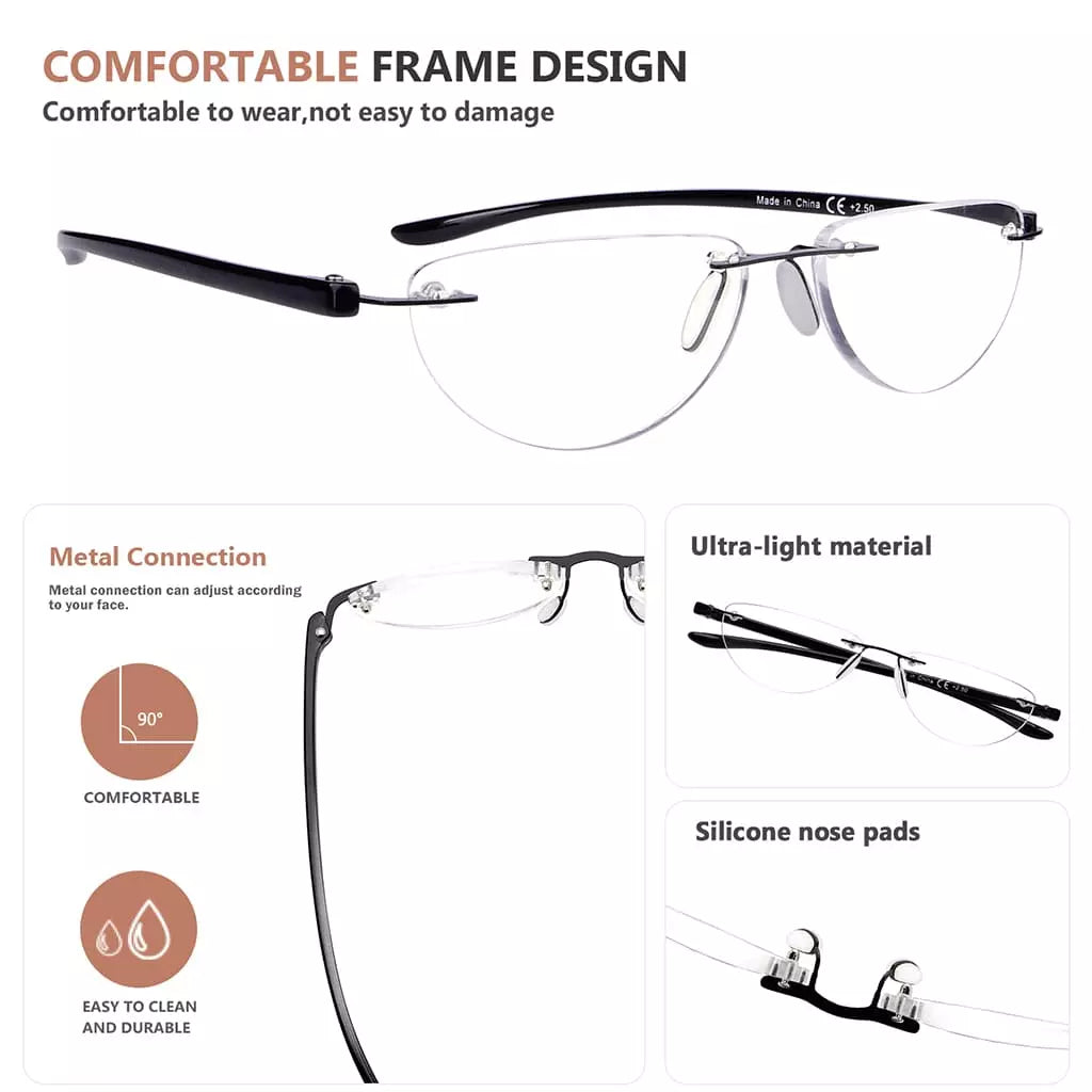 Rimless Reading Glasses Half Moon for Men Women