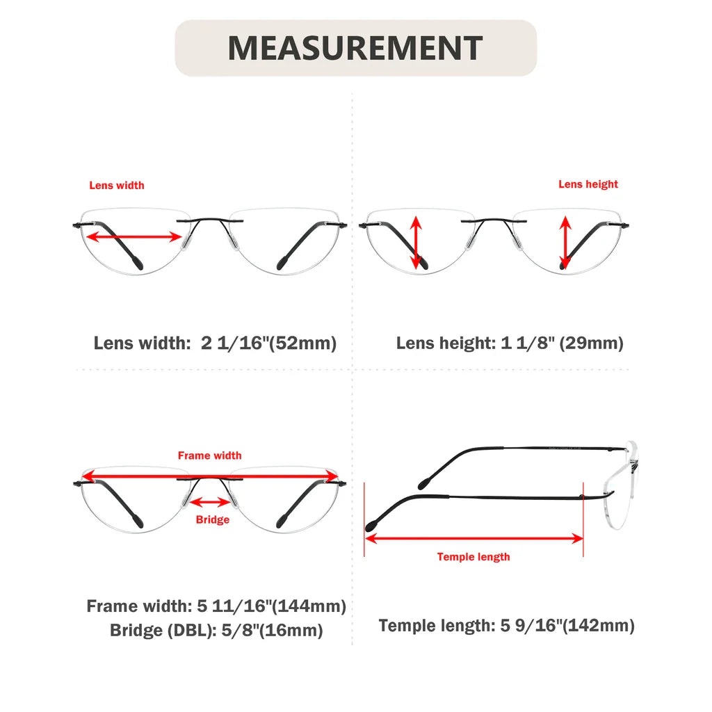Rimless Half Moon Reading Glasses for Women and Men