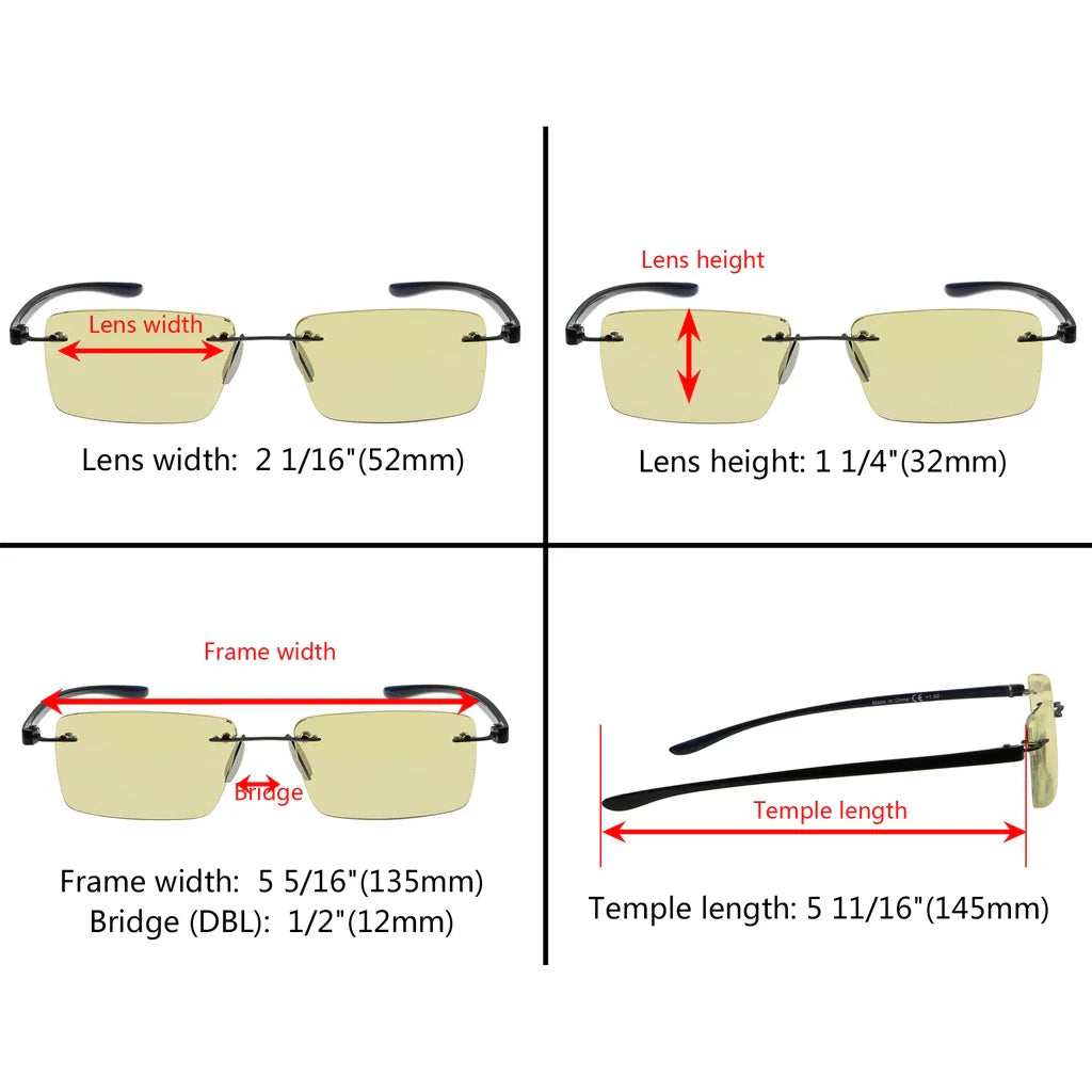 Rimless Yellow Tinted Blue Light Blocking Reading Glasses Women Men