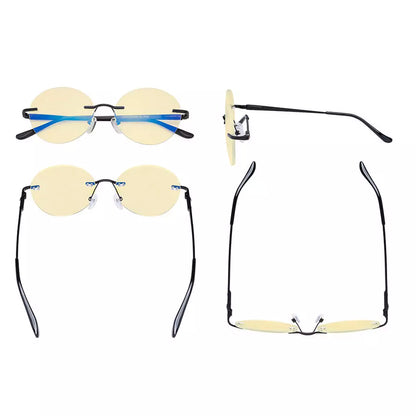 Rimless Round Blue Light Blocking Reading Glasses Yellow Tinted for Women men