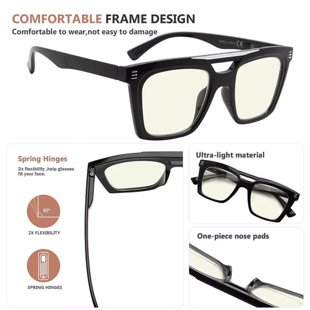 Square Blue Light Blocking Reading Glasses Double Bridge Women Men