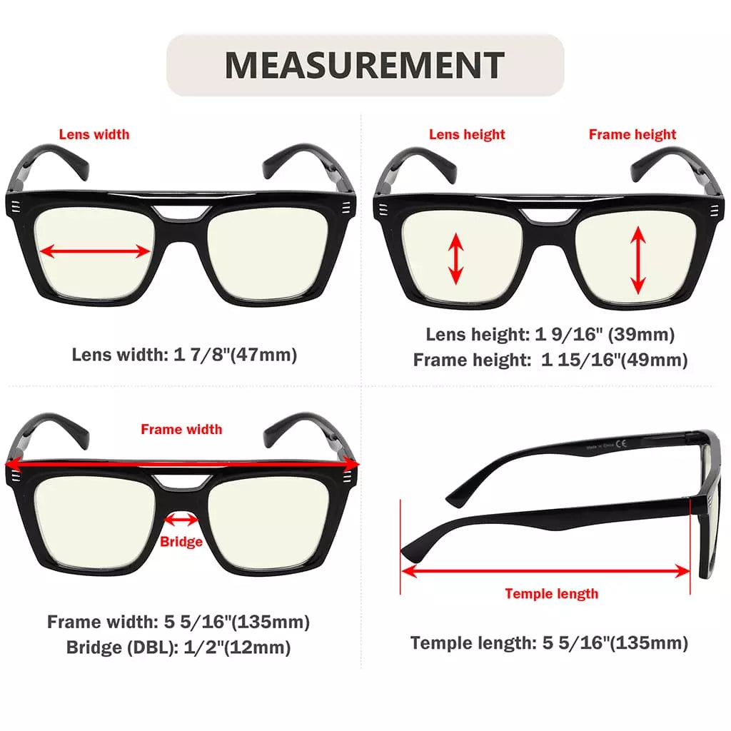 Square Blue Light Blocking Reading Glasses Double Bridge Women Men