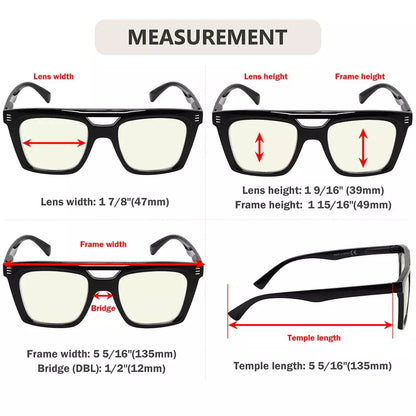 Square Blue Light Blocking Reading Glasses Double Bridge Women Men